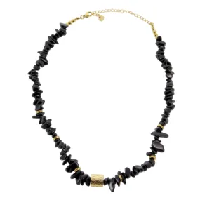 Collier acier doré et pierre agate noir femme chic C315