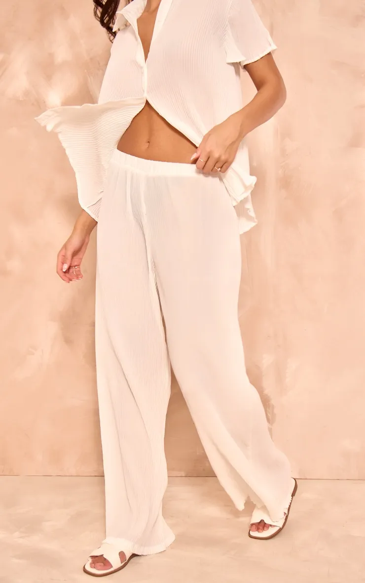 Pantalon large blanc oversize en mousseline de soie plissée