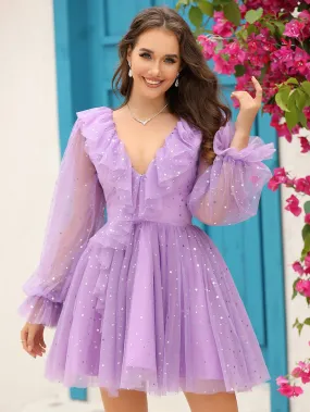 Robe de bal de fin d'année à manches longues avec étoiles en violet scintillant