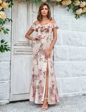 Robe de mariée longue et fendue avec fleurs imprimées Shoudler