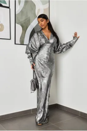 Robe de soirée longue argent scintillante à décolleté