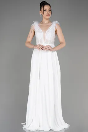 Robe de Soirée Longue Mousseline Blanc ABU3856