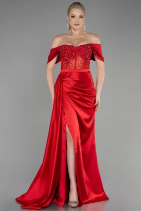 Robe de Soirée Longue Satin Rouge ABU3997