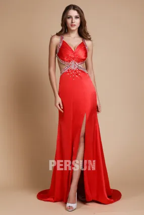 Sexy Robe rouge de soirée ornée de strass avec fente latérale